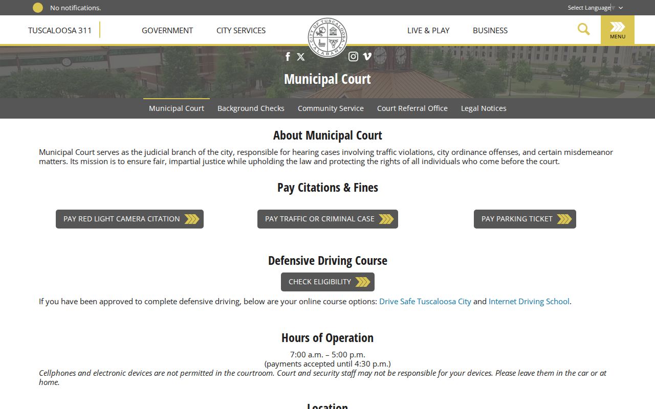 Tuscaloosa County case lookup municipal court page