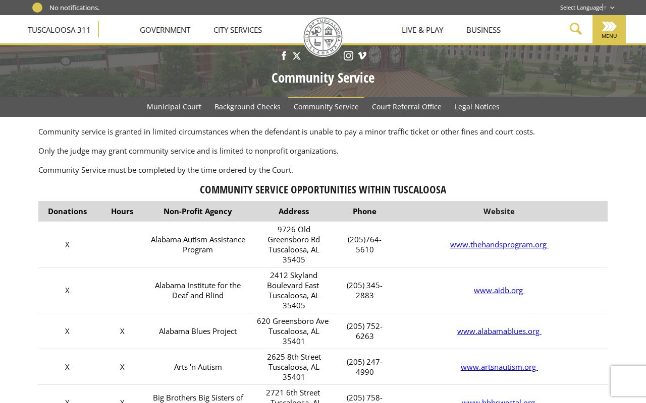 Tuscaloosa County case lookup community service instructions
