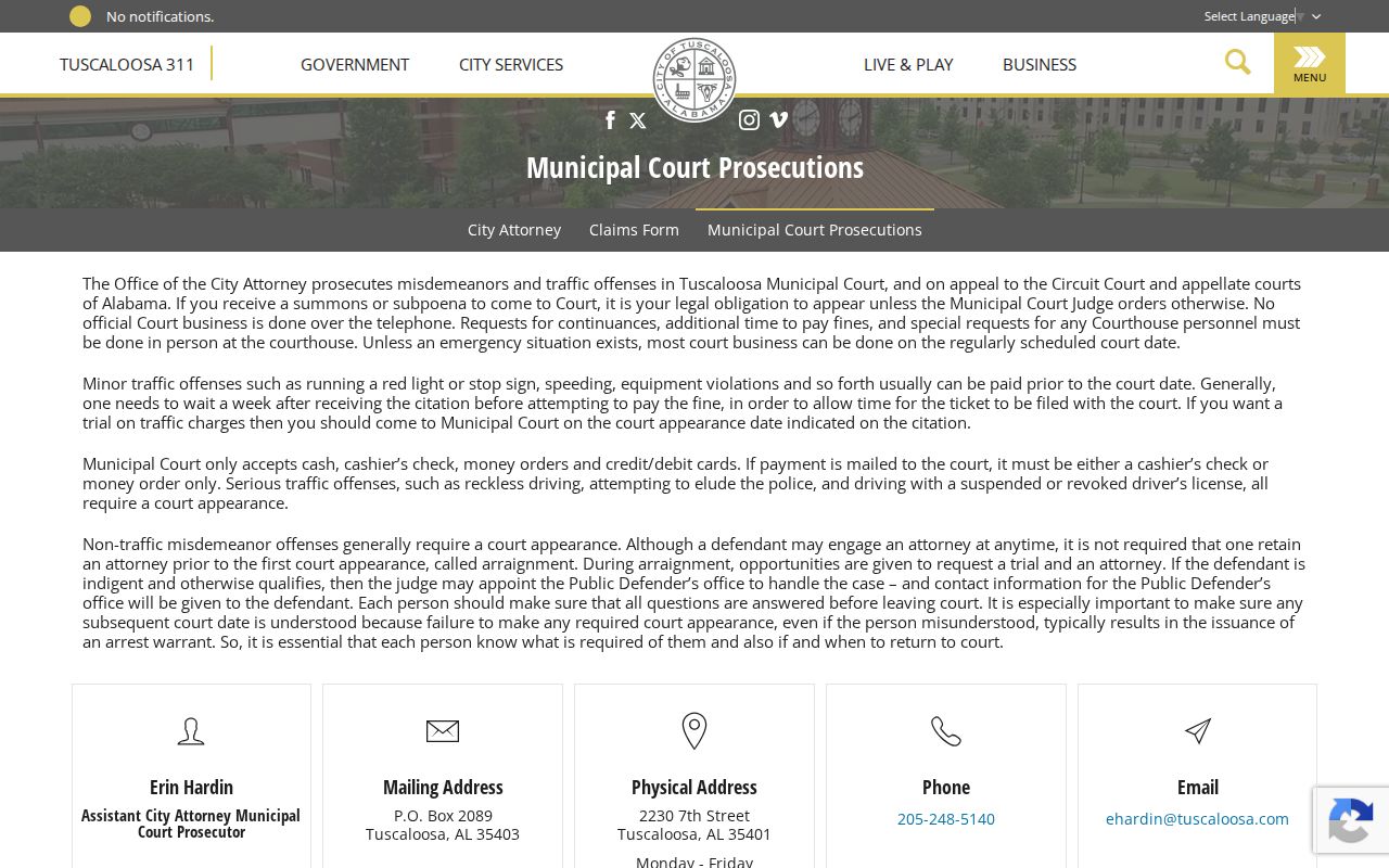 Tuscaloosa County case lookup municipal appearance guidance