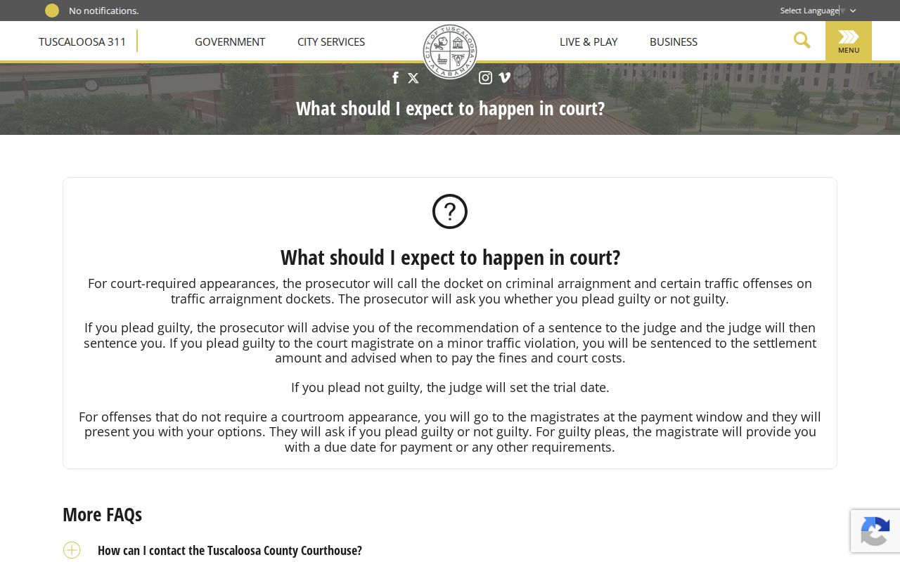 Tuscaloosa County case lookup court appearance instructions