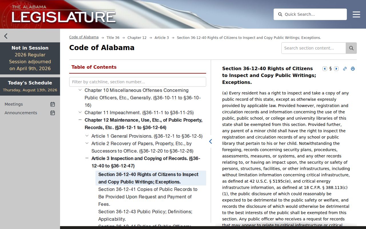 Alabama inspection statute for Tuscaloosa County civil docket access