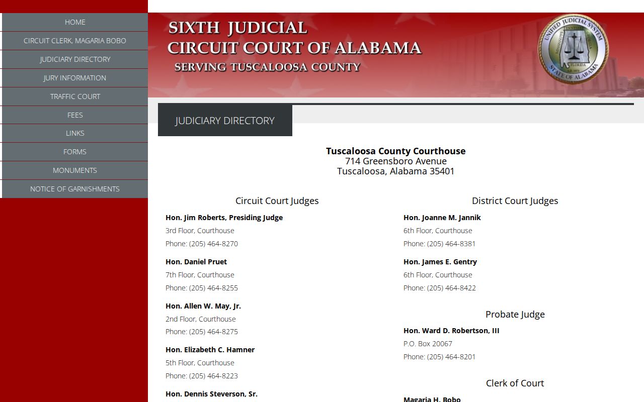 Tuscaloosa County court docket directory with judges floors and phone numbers
