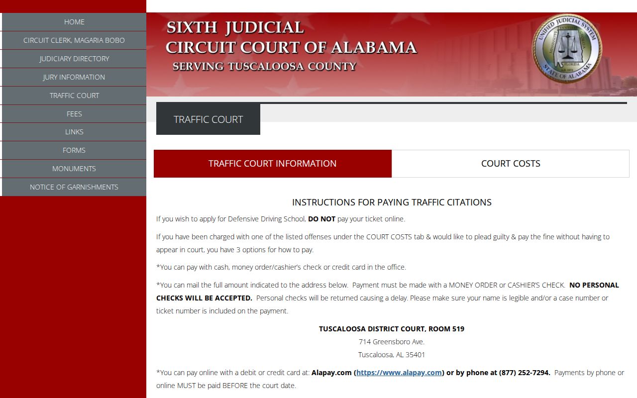 Tuscaloosa court docket District Traffic Court instructions
